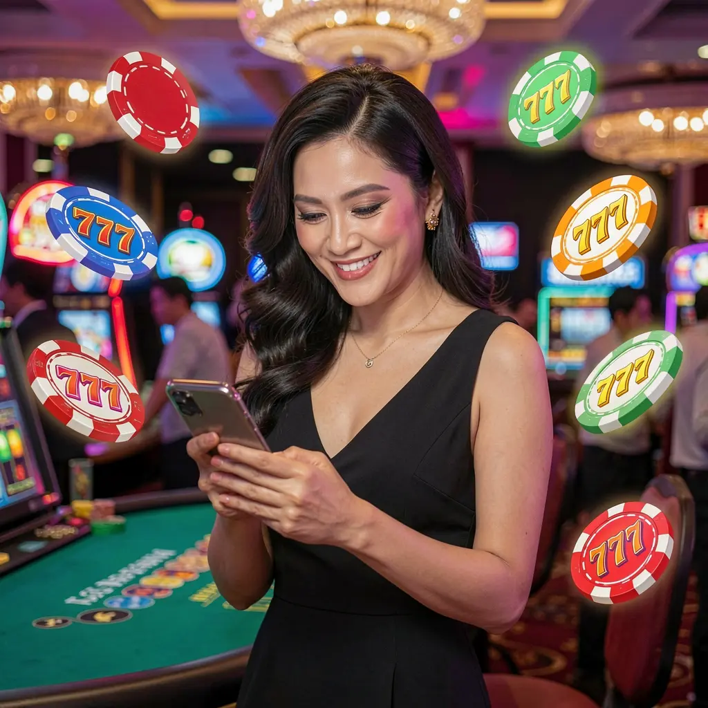Stylish Filipino woman using the KJJILI casino app on her smartphone with floating poker chips and 777 slot symbols around her