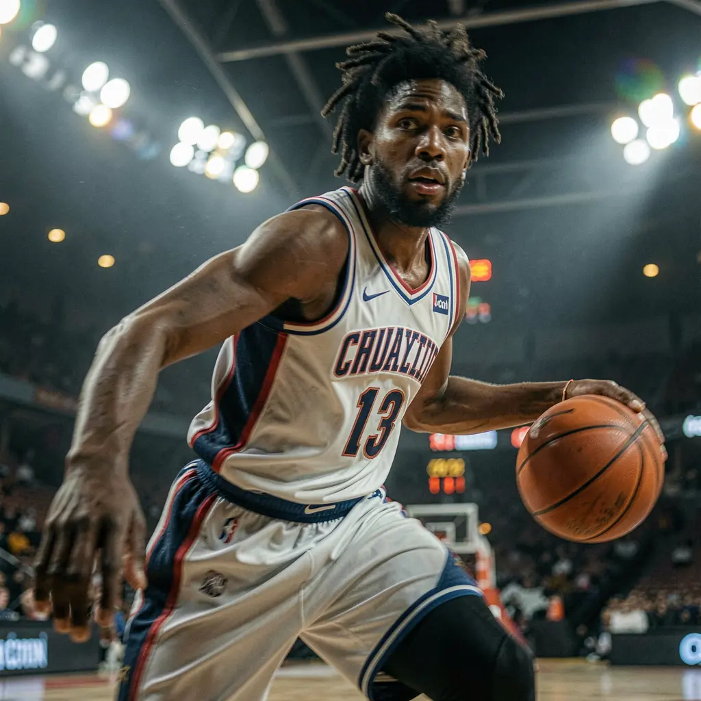 Intense basketball moment with a player driving through defenders under bright stadium lights symbolizing high stakes betting on KJJILI in the Philippines