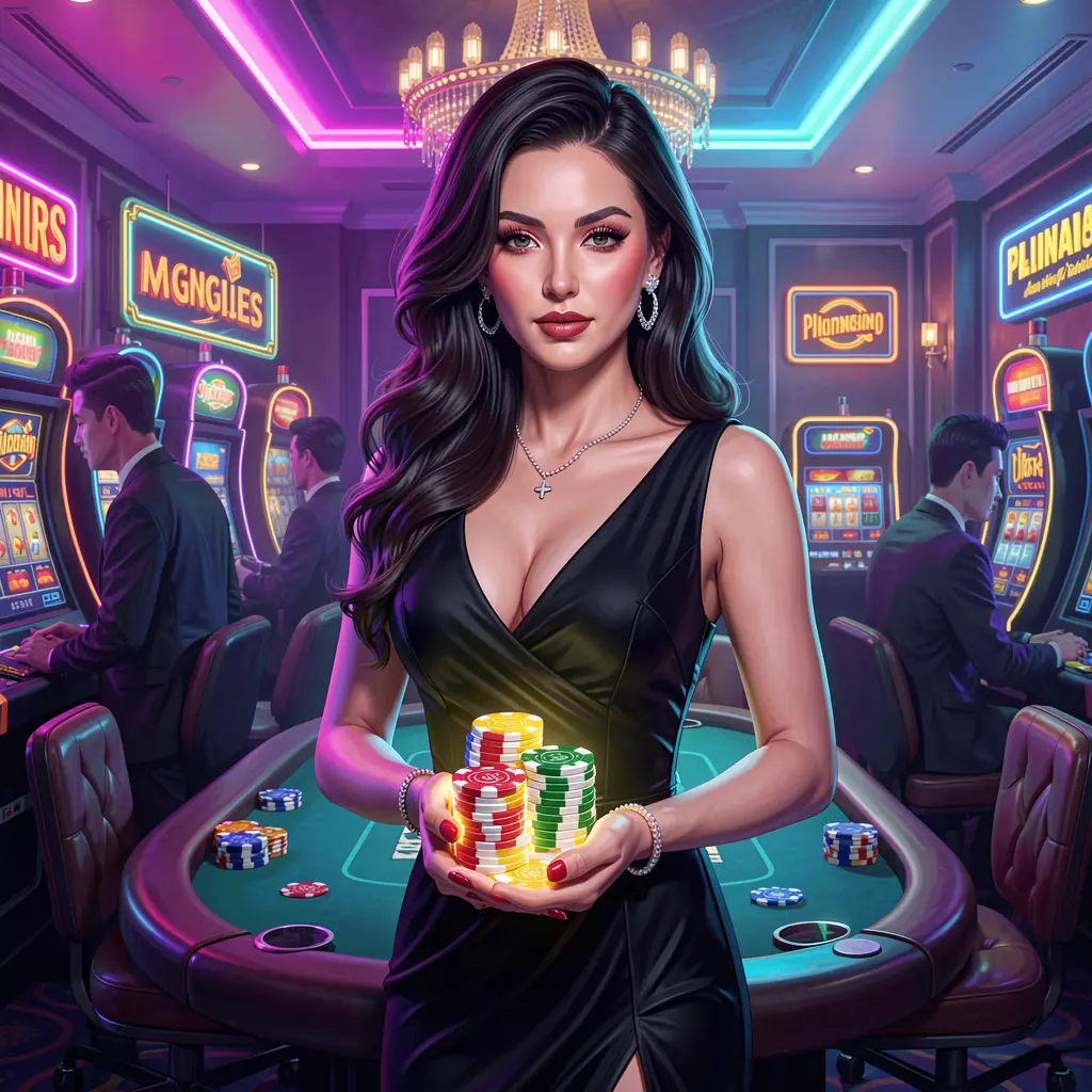 Stylish casino woman holding glowing chips in a dramatic neon scene representing high energy casino gaming at KJJILI for players in the Philippines