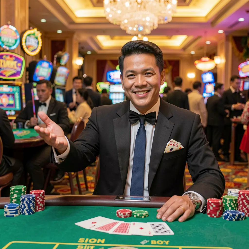 Elegant Filipino casino dealer welcoming players at a luxury gaming table with cards and chips inside the premium KJJILI casino environment