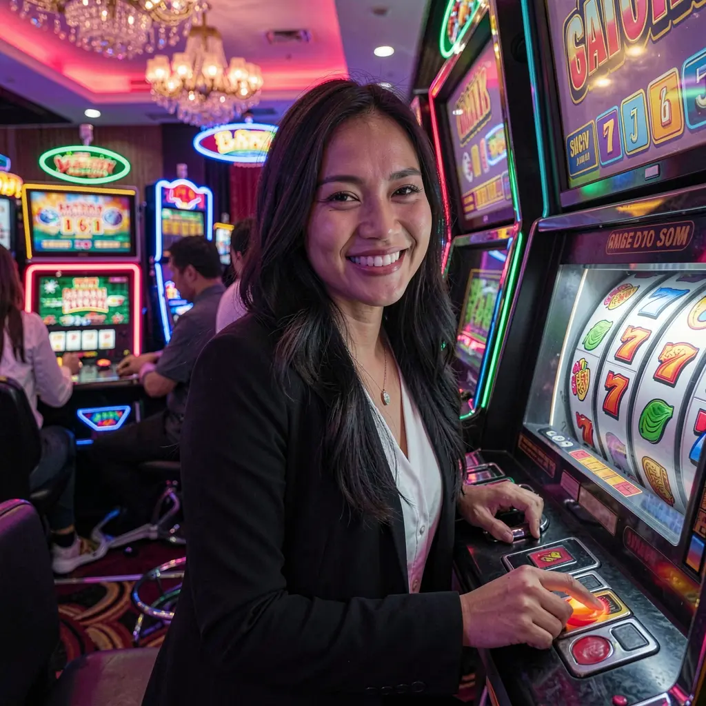 Happy Filipino woman enjoying vibrant online slot games with glowing reels and neon lights on KJJILI casino platform